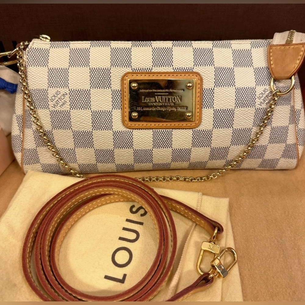 Louis Vuitton Eva Damier Azur Chain Clutch 2 Way Purse Crossbody Pouchette